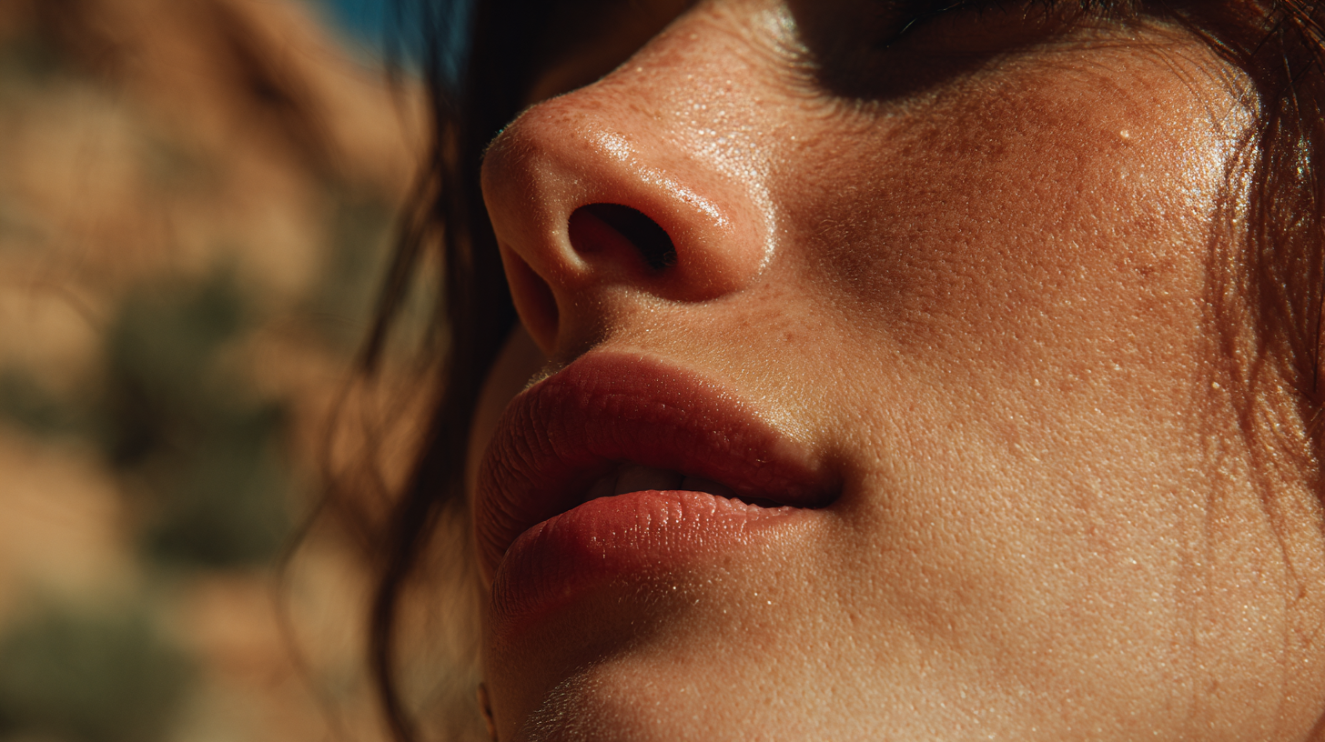 Close-up of a person's face with a blurred natural background