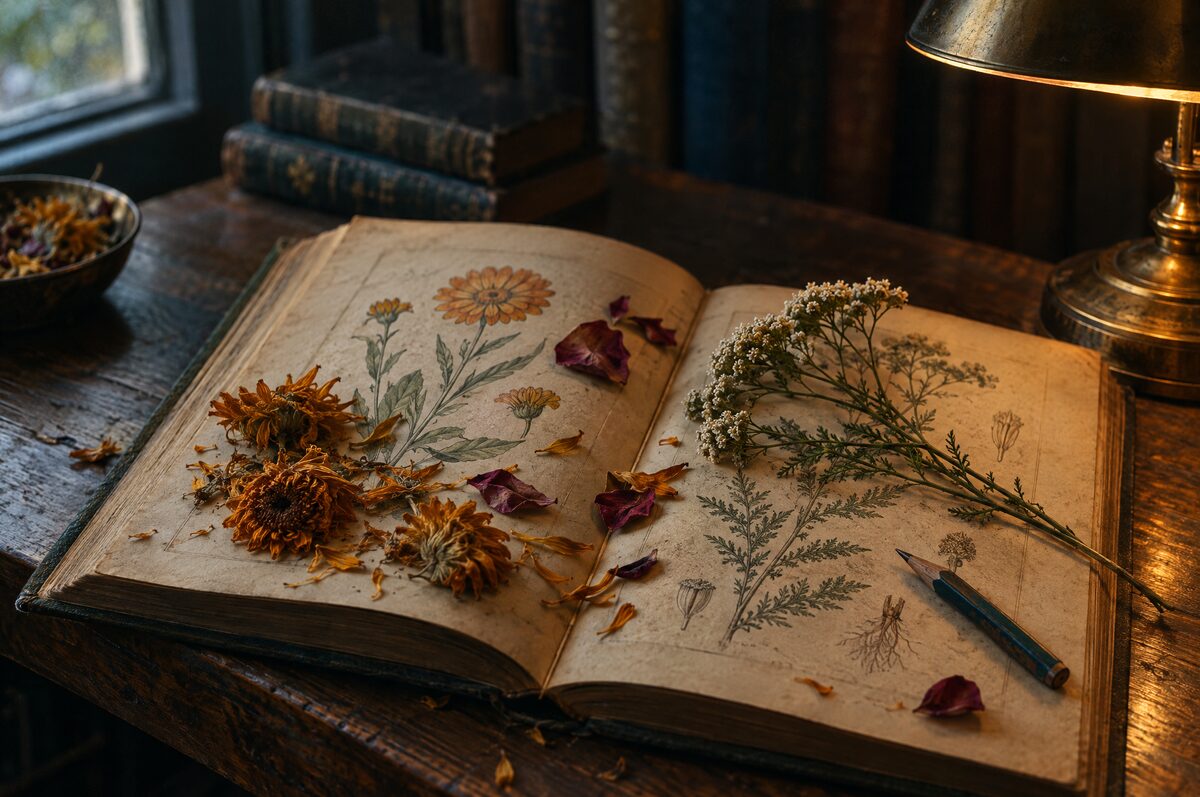 An old botanical skincare book open on a library table.