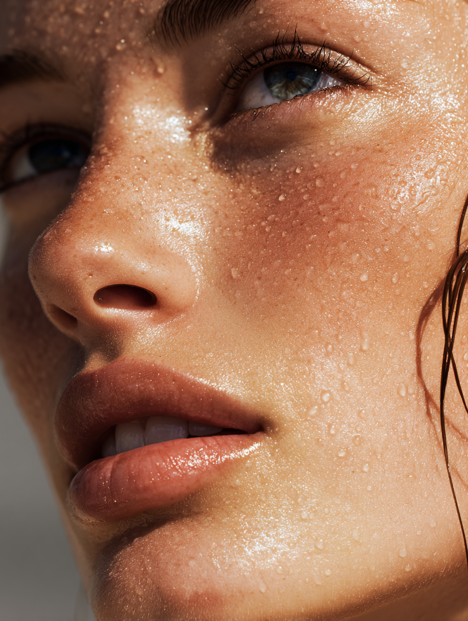 model with glistening skin