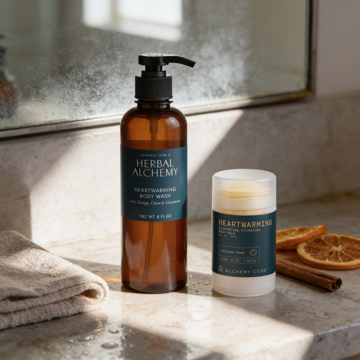 Herbal Alchemy body wash and bar on a textured surface with natural elements.