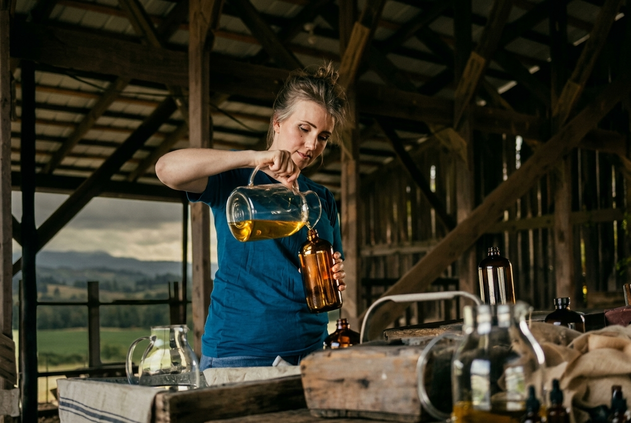 Jaime pouring the First Press in the barn