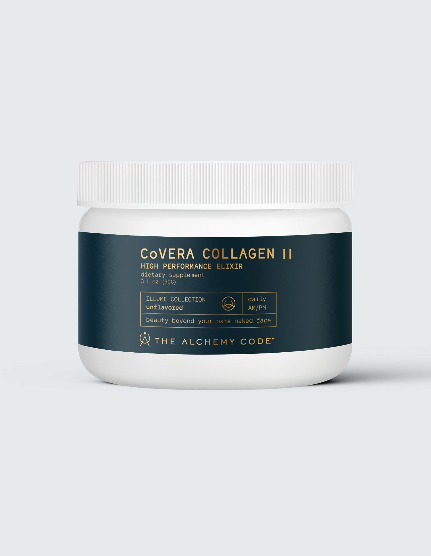 Jar of Covera Collagen II with a white lid on a light gray background