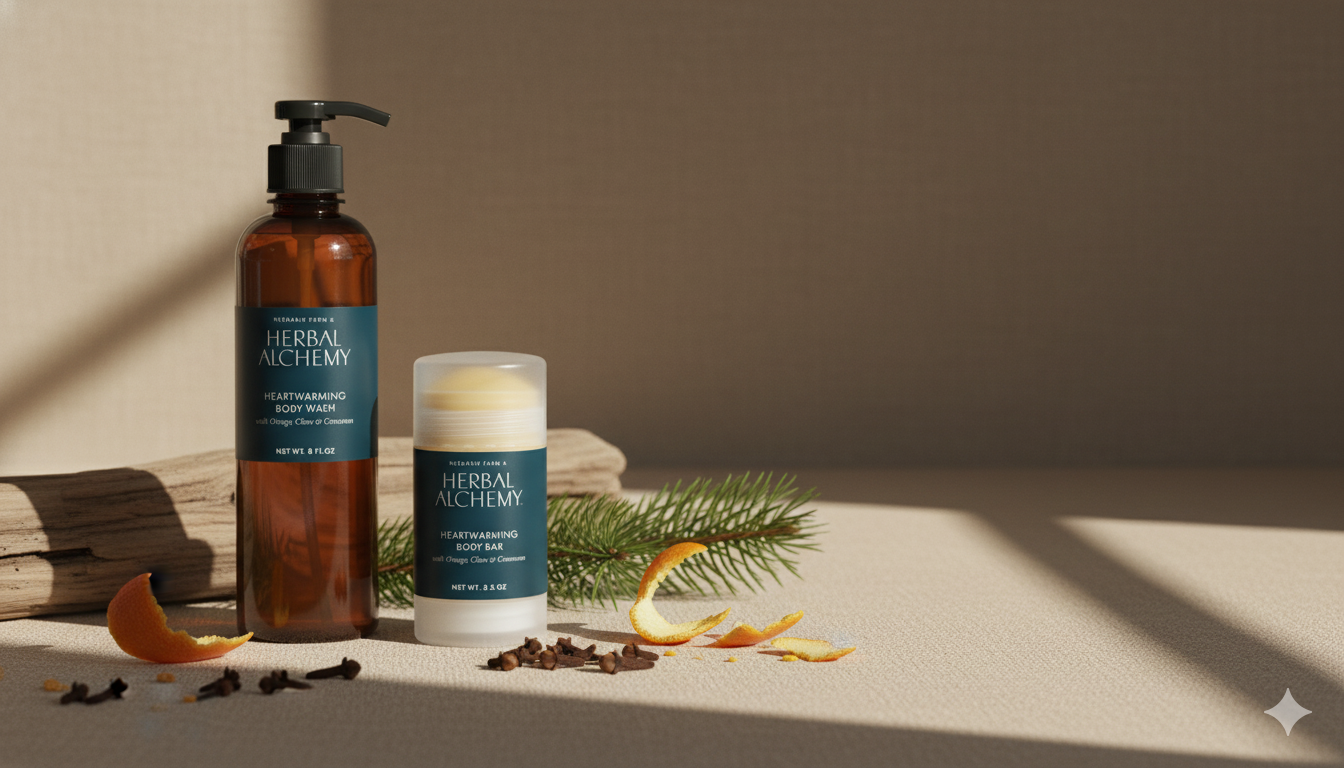 Herbal Alchemy skincare products on a neutral background with natural elements.