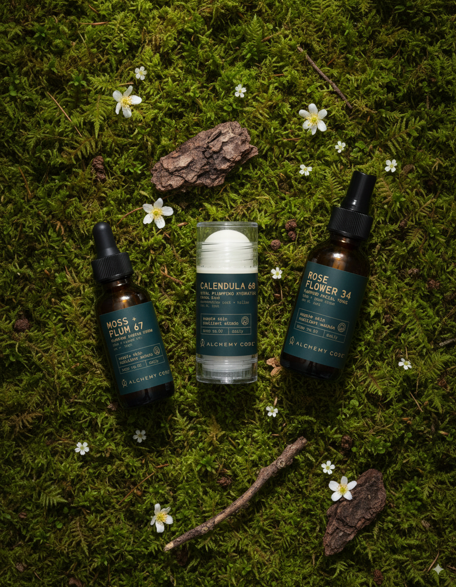 Three skincare products on a mossy background with flowers and natural elements.