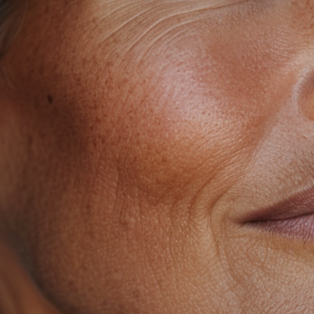 Close-up of a woman's face with a neutral expression against a dark background