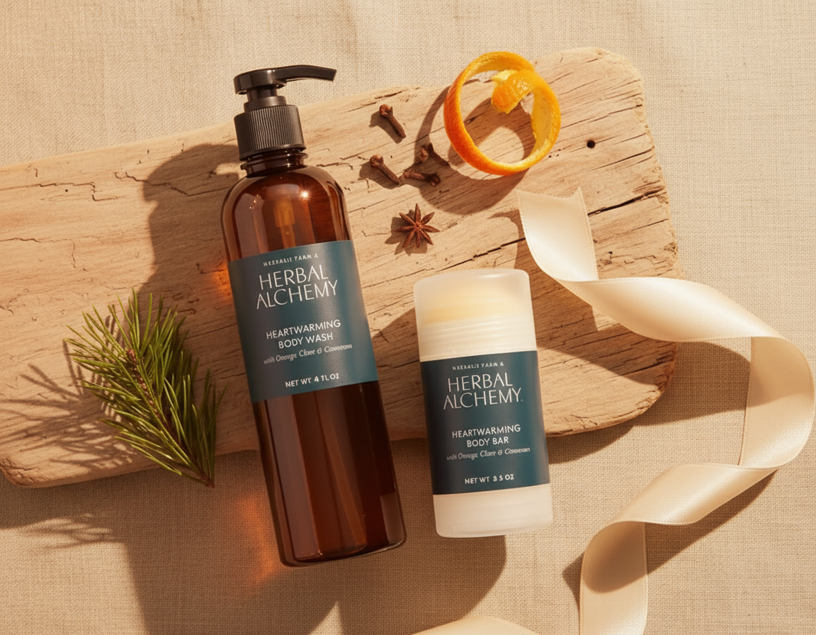 Herbal Alchemy body wash and bar on a textured surface with natural elements.