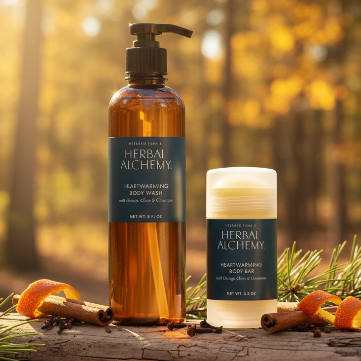 Herbal Alchemy body wash and cream on a wooden log with a forest background