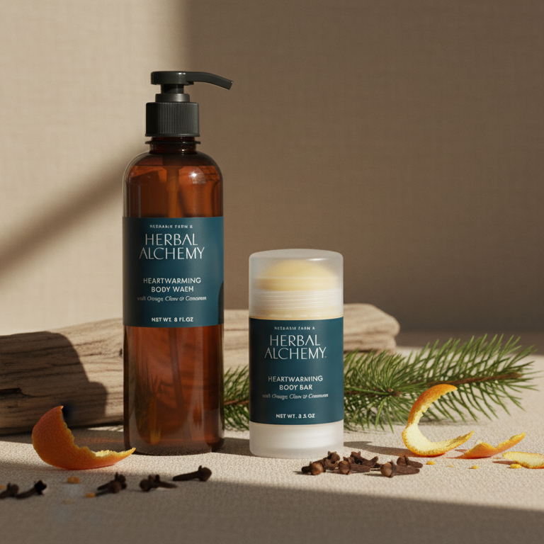 Herbal Alchemy skincare products on a neutral background with natural elements.