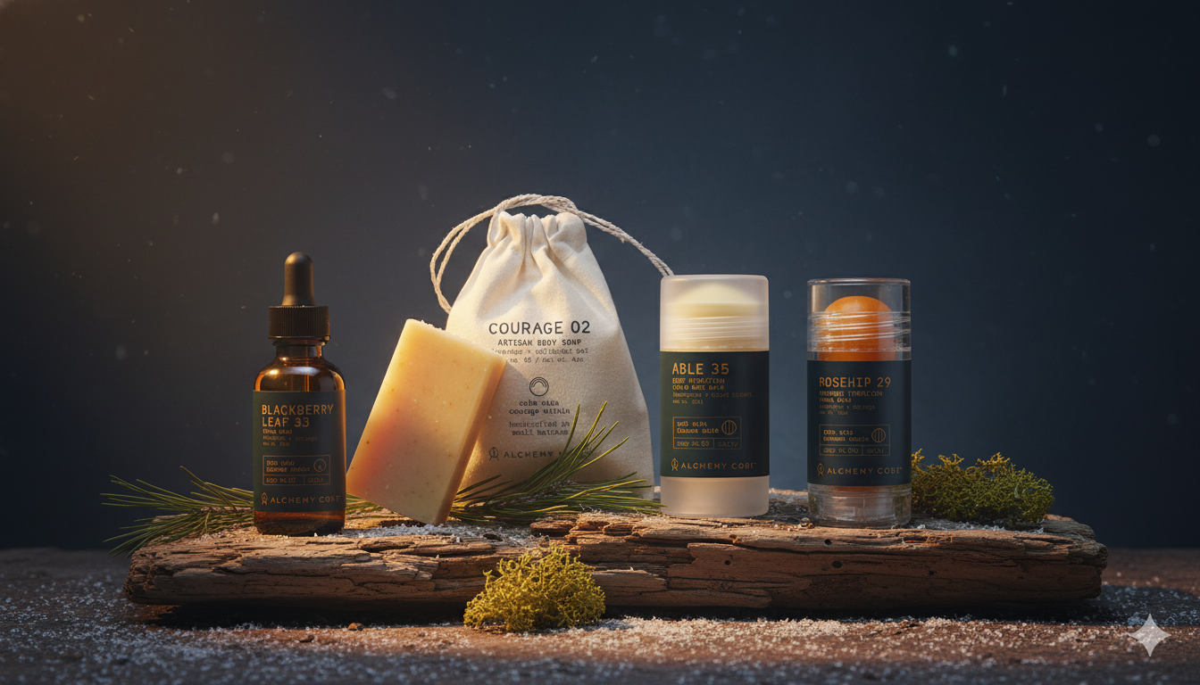 Collection of skincare products on a wooden platform with a dark background