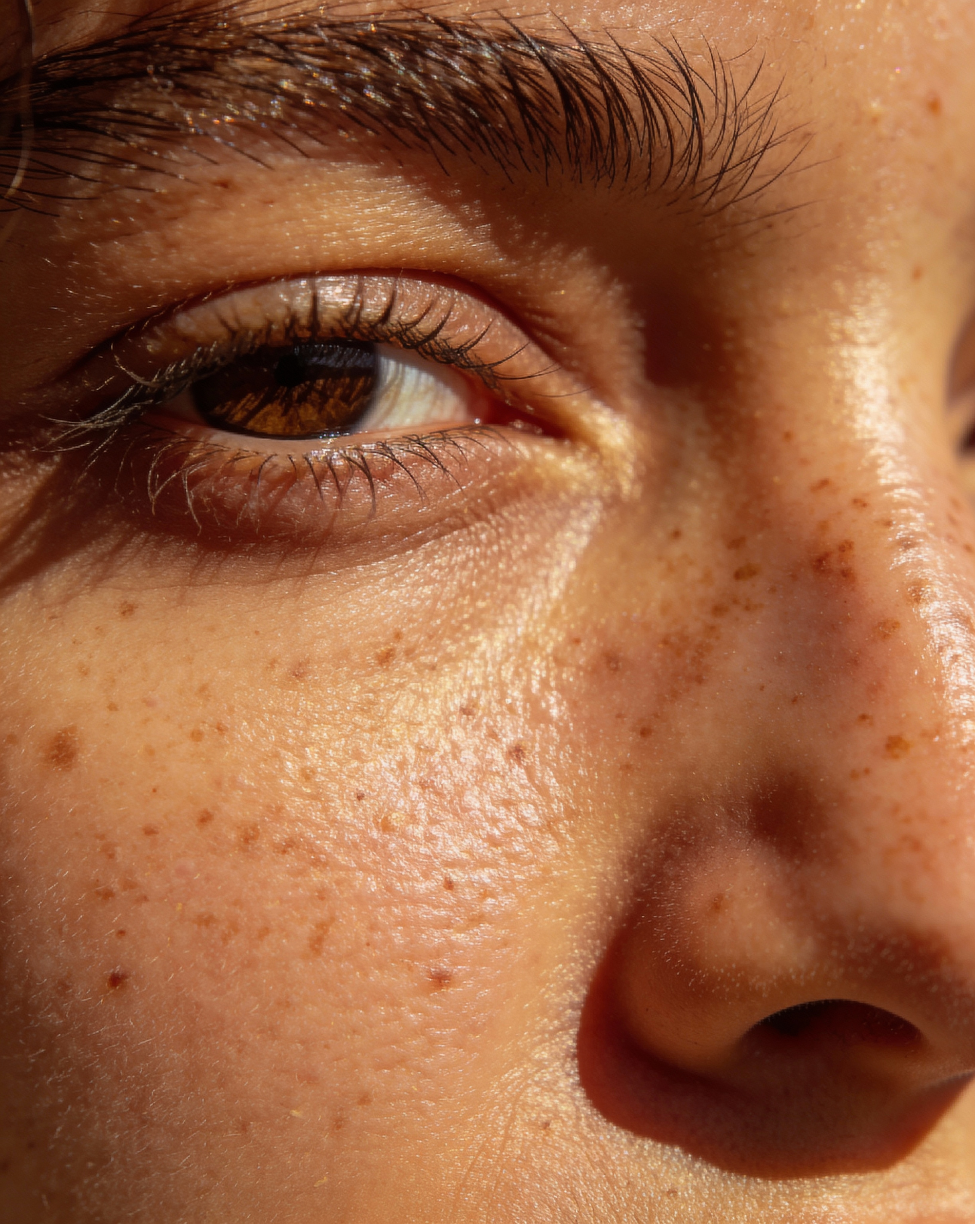 Close-up of a person's eye with detailed skin texture.