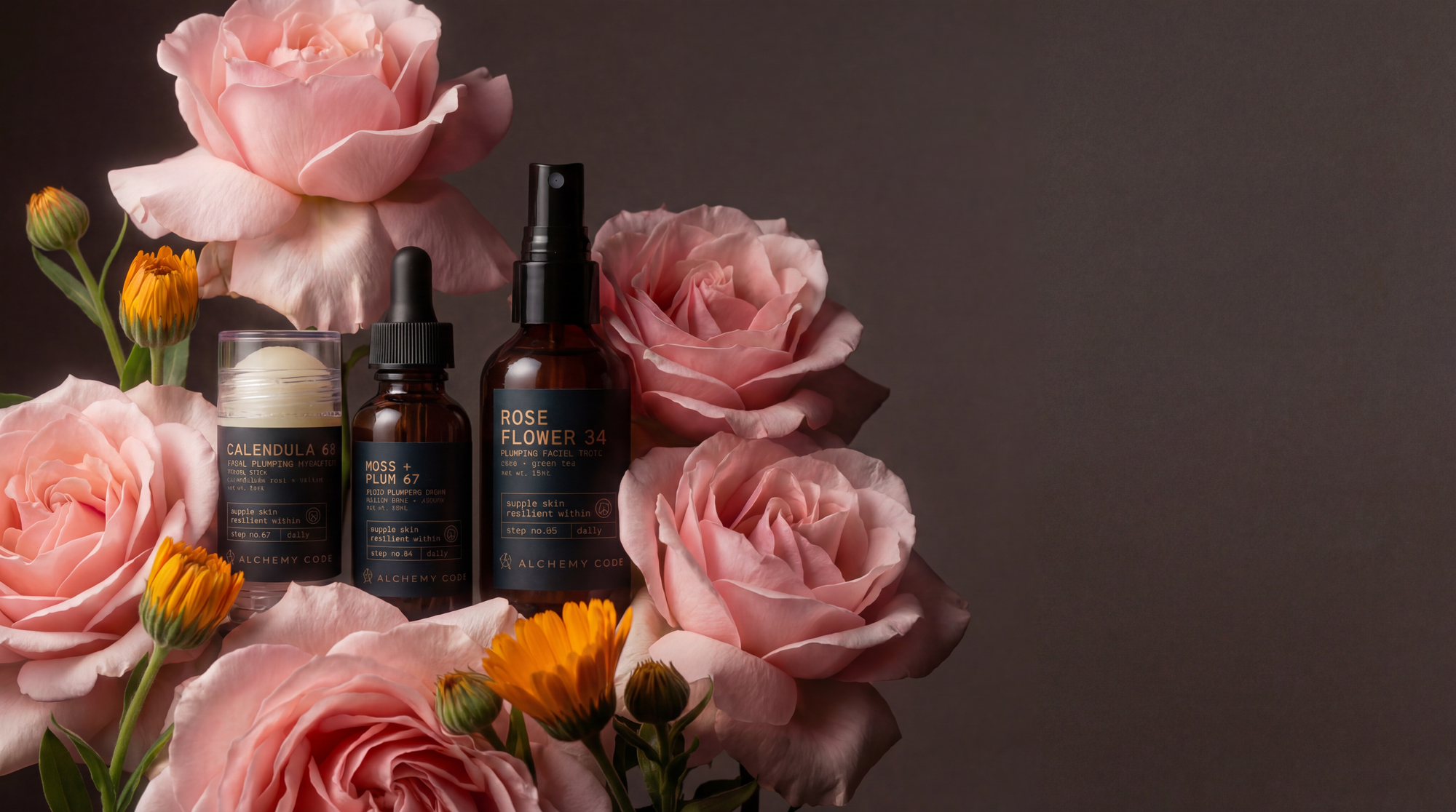 Cosmetic bottles with floral arrangement on a dark background