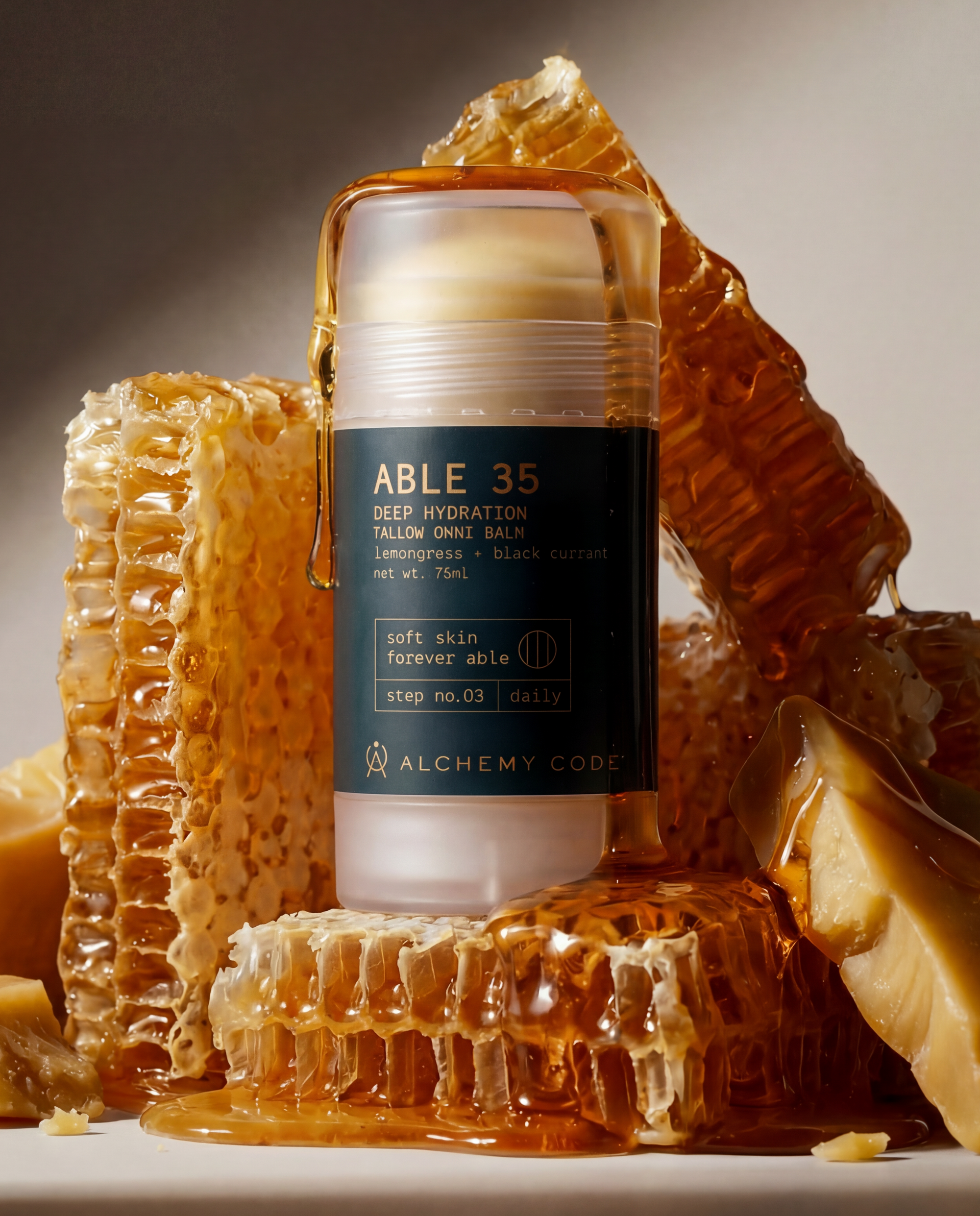 Skincare product with honeycomb and beeswax on a neutral background