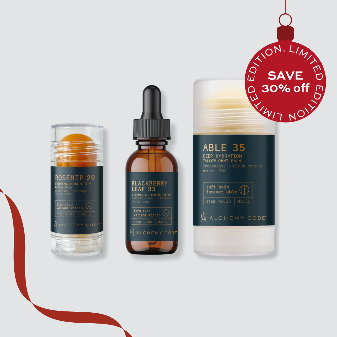 Three skincare products with labels on a light gray background, featuring a promotional badge for a limited edition offer.