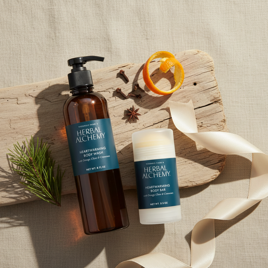 Herbal Alchemy body wash and bar on a textured surface with natural elements.