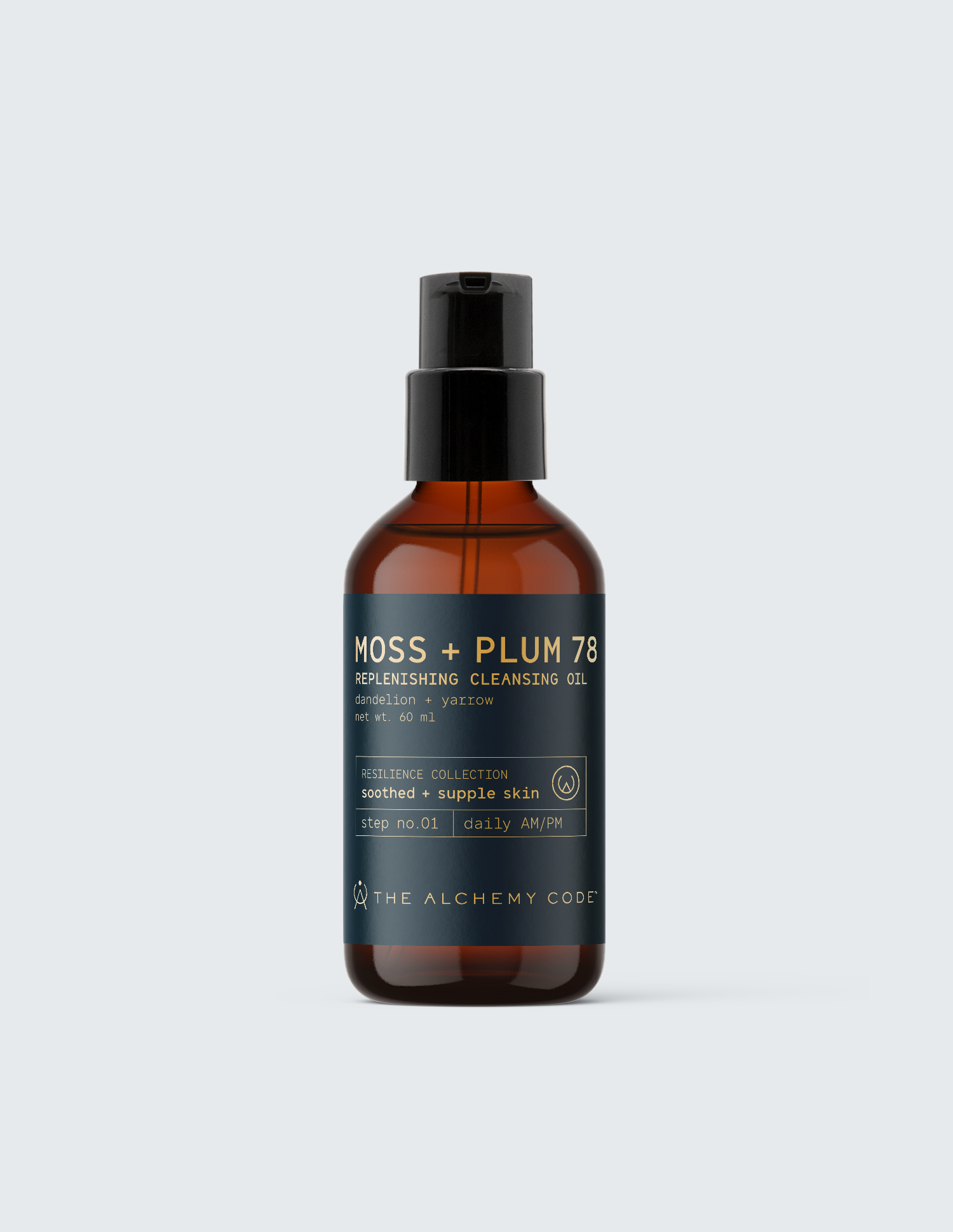 The Alchemy Code Resilience Moss + Plum 78 Replenishing Cleansing Oil, 60ml amber glass pump bottle with dark teal and gold label — a waterless botanical facial cleansing oil for dry, sensitive skin.