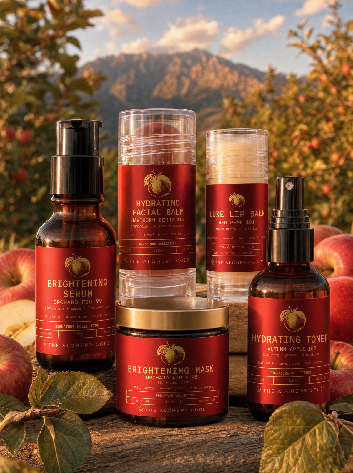 Orchard Face serum and balms close up in the orchard