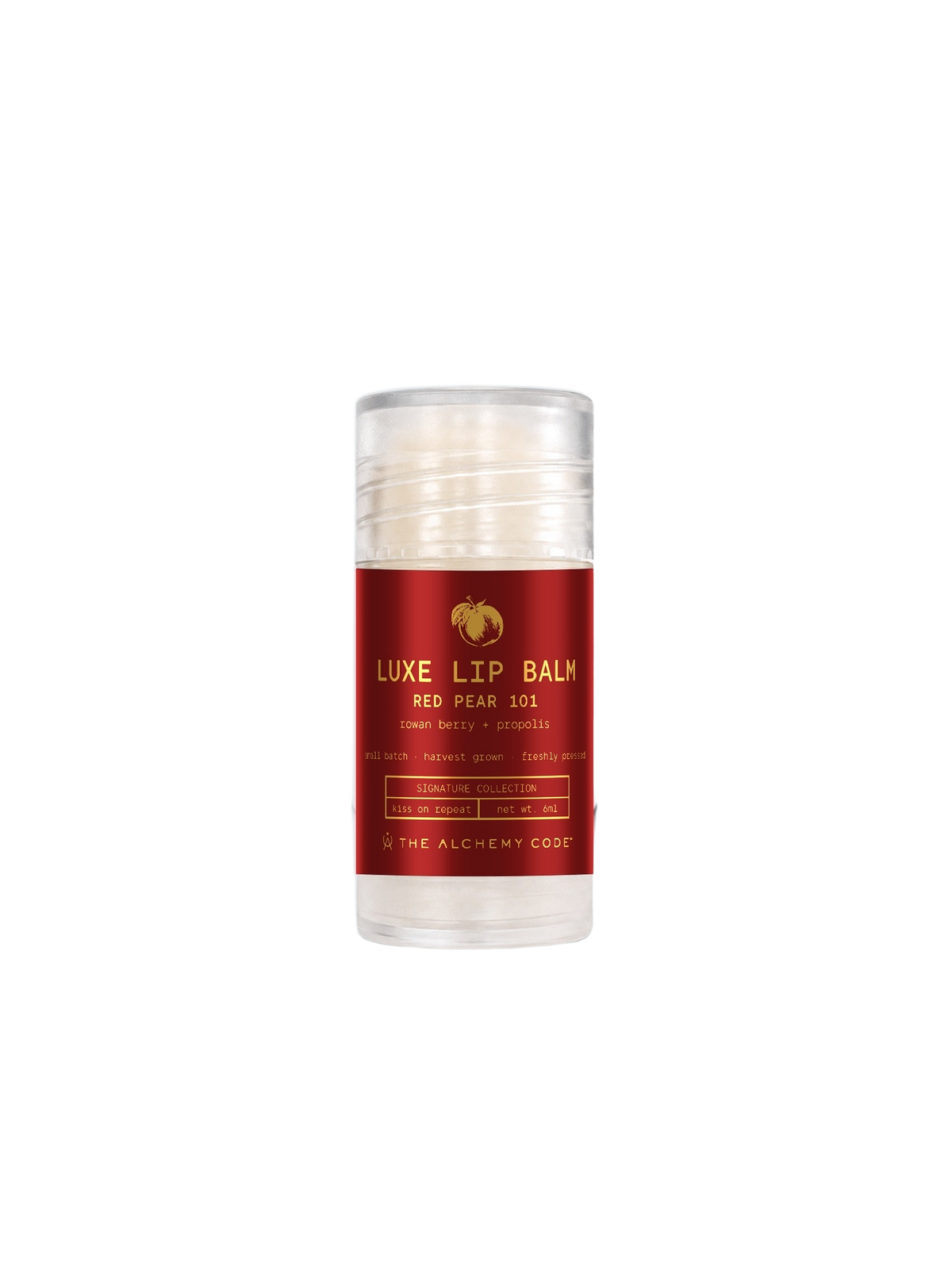 Luxe Lip Balm, Red Pear 101, clear stick with red label