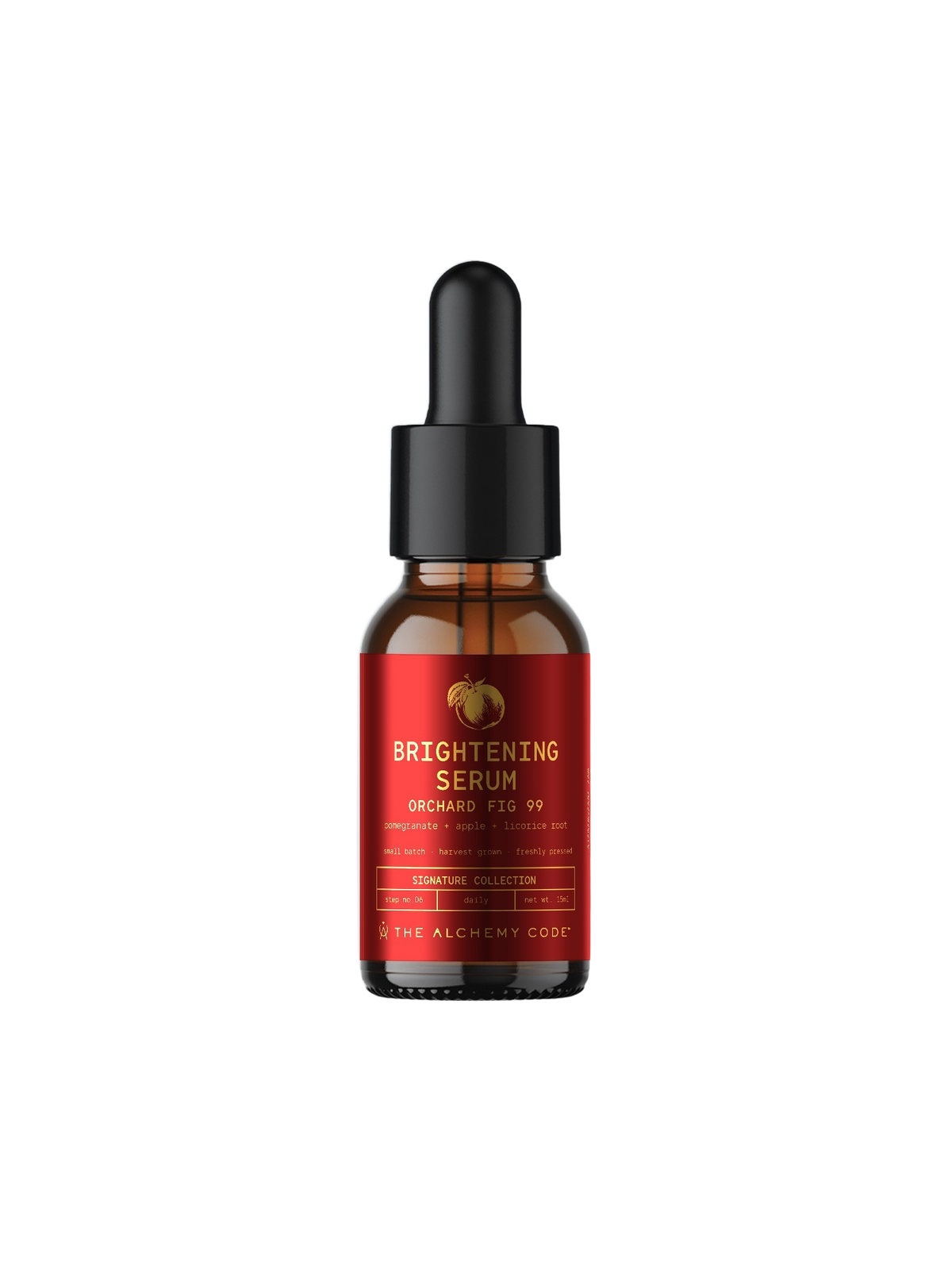 Brightening Serum, Orchard Fig 99, amber dropper bottle with red label